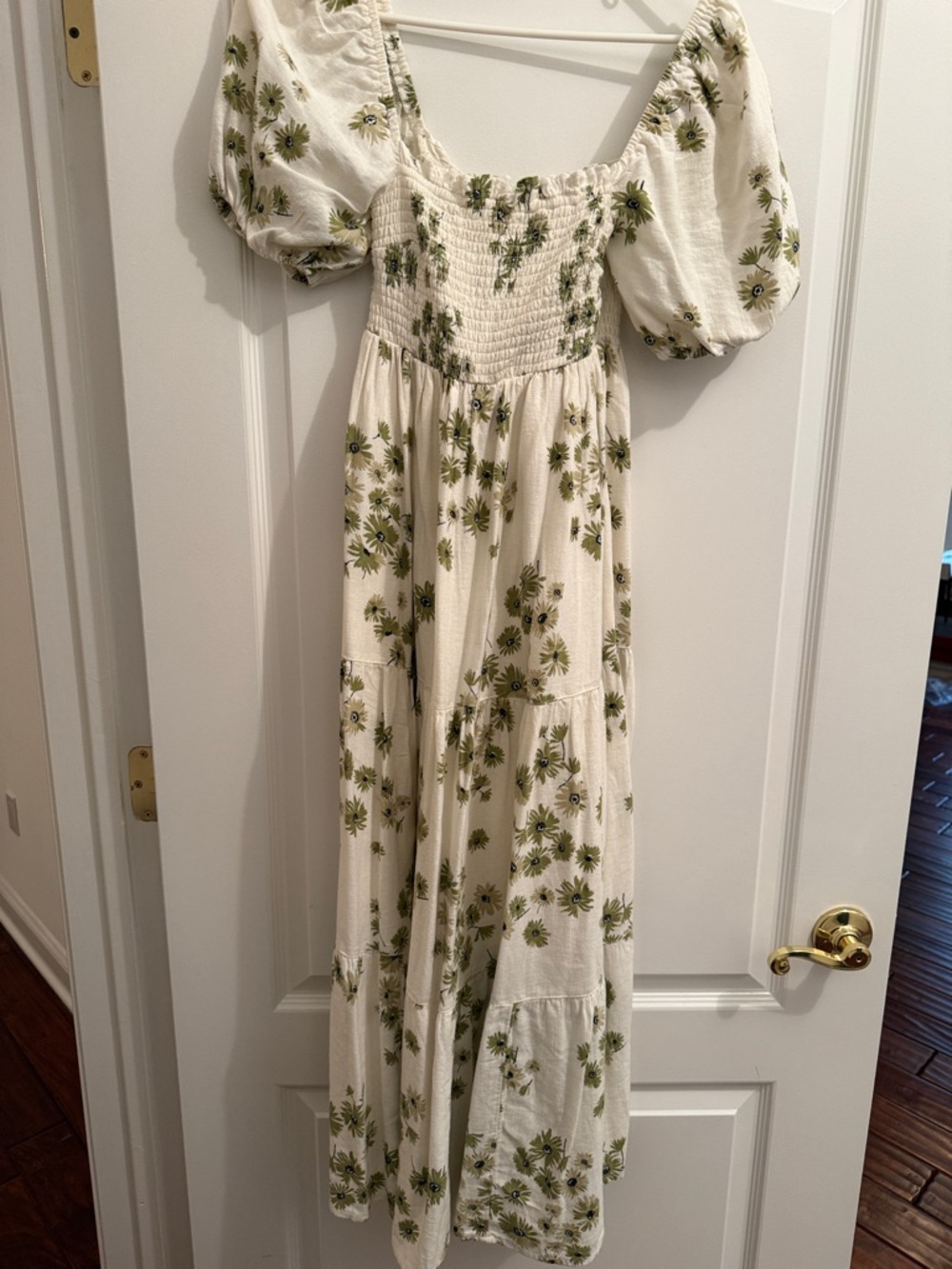 White Floral Midi Dress with Puff Sleeves
